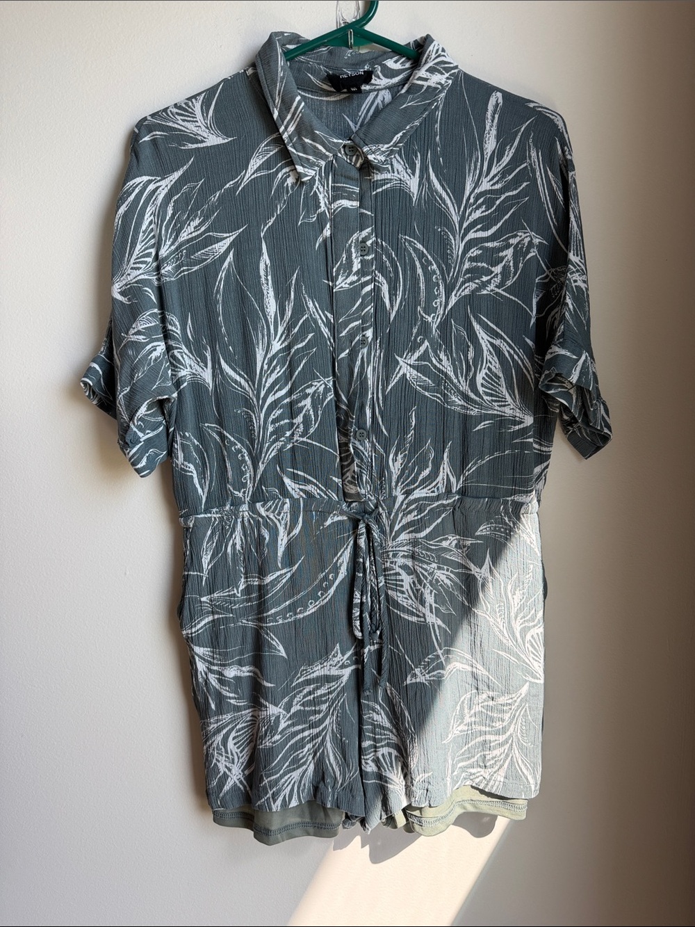 Women’s Leaf-Print Short Sleeve Button-Down Short Romper in Slate Green